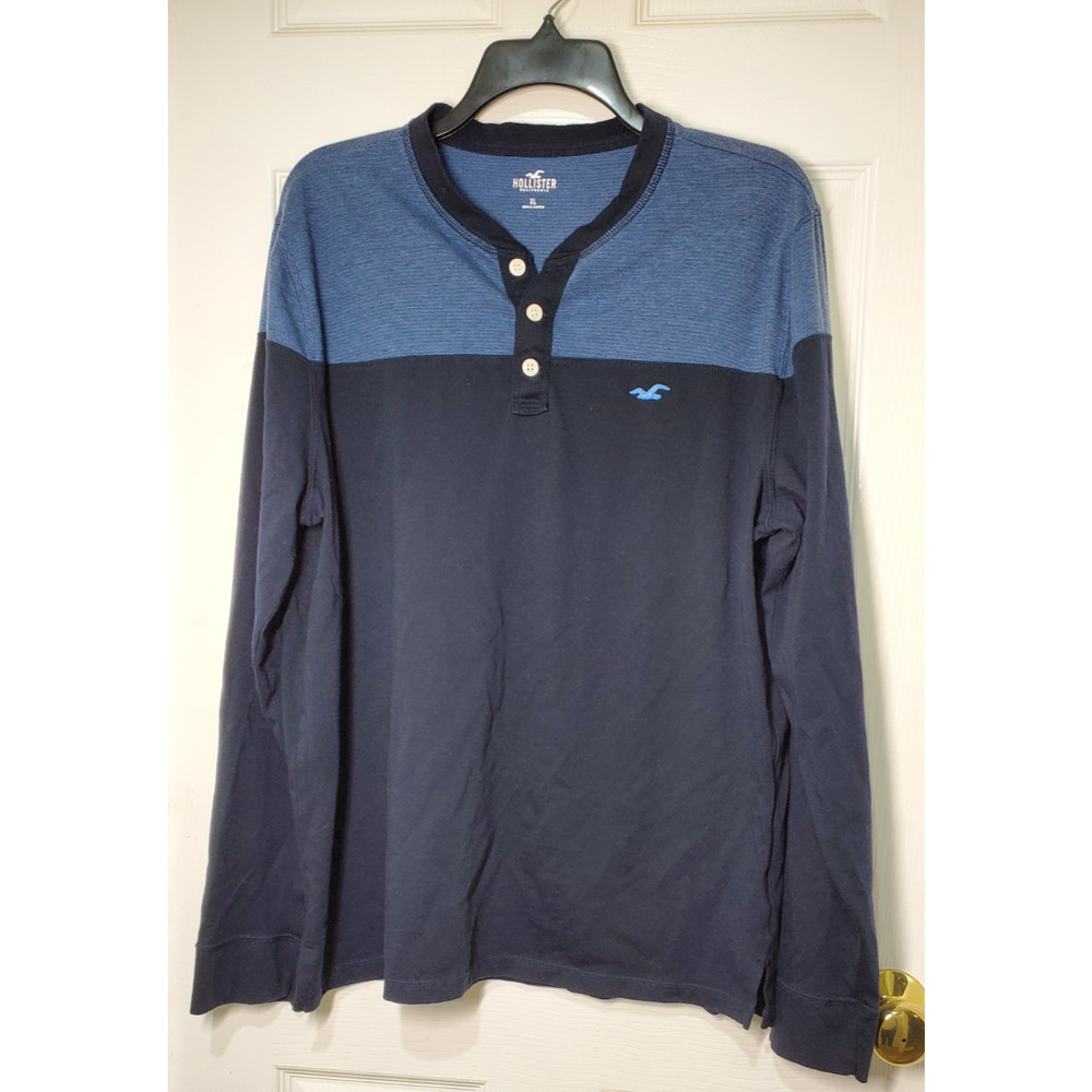 Hollister Men’s XL Henley Shirt Long Sleeve Navy Blue Colorblock Striped Chest